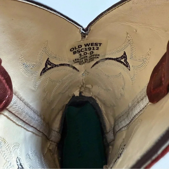 OLD WEST- Kids-Distressed-Vamp-Cowboy Boots-Brown-Red-Size 3 - Picture 11 of 14